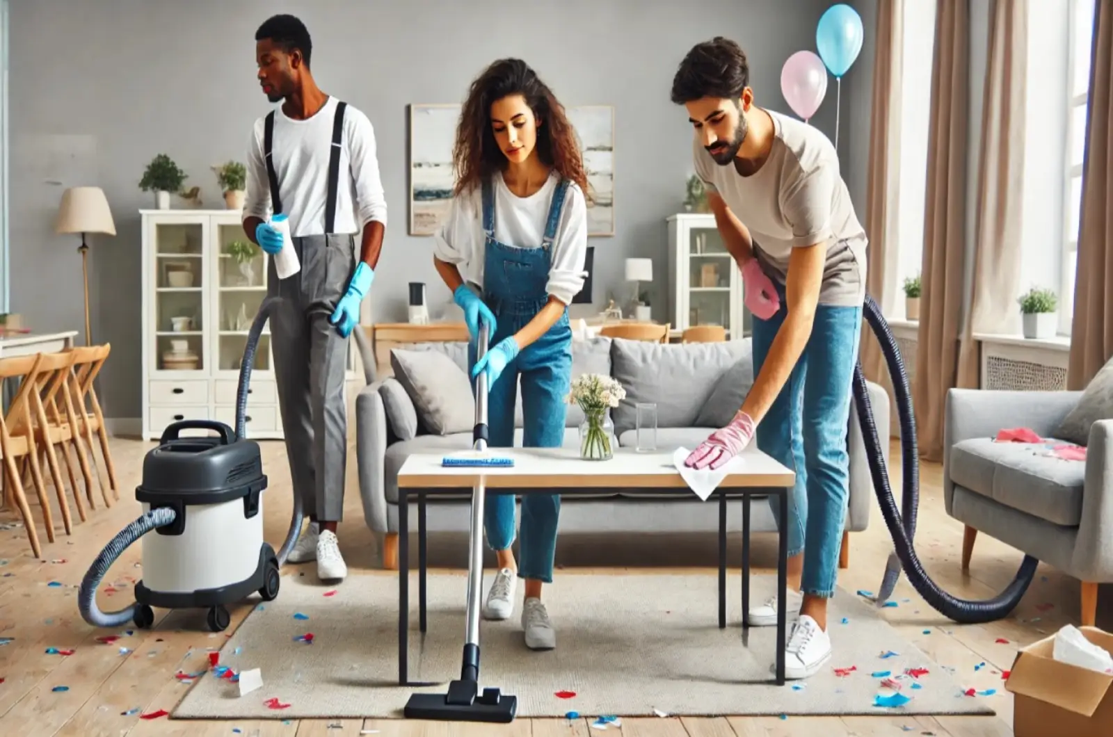 A professional cleaning crew of two people tidying up after a party in a modern home