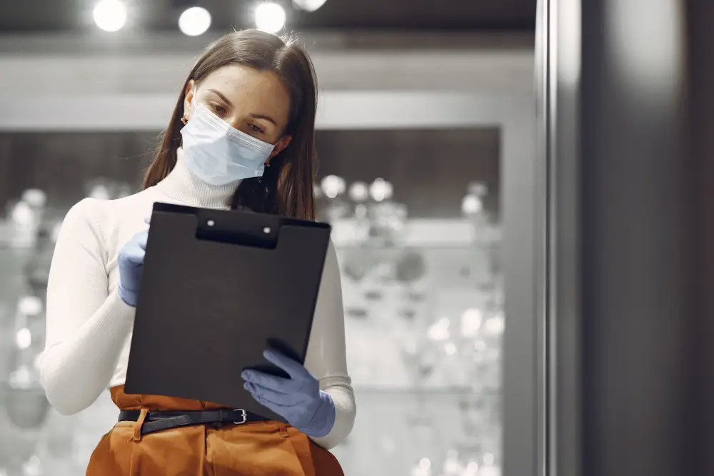 professional commercial cleaner holding clipboard in office