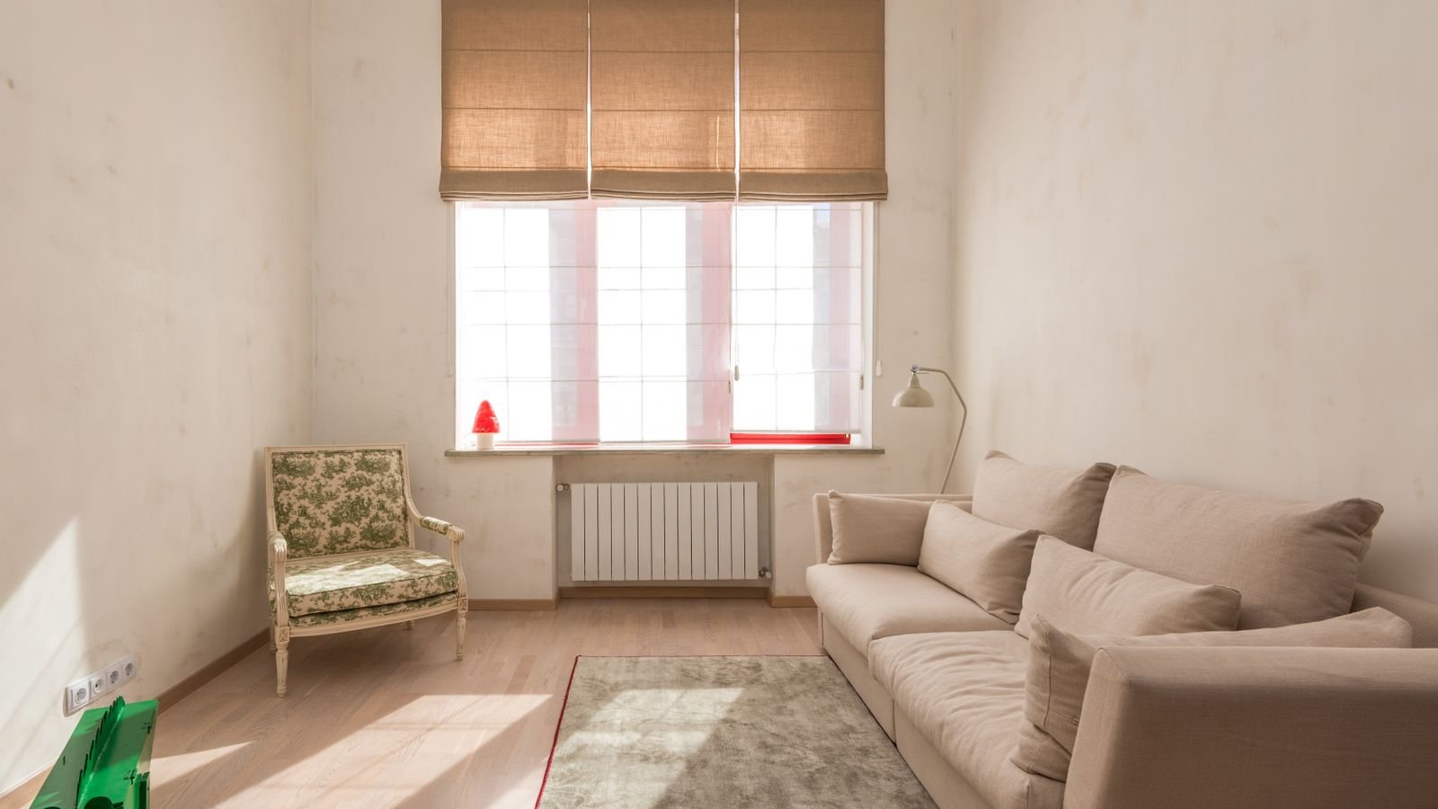 Living room with a radiator under the window and a carpeted floor
