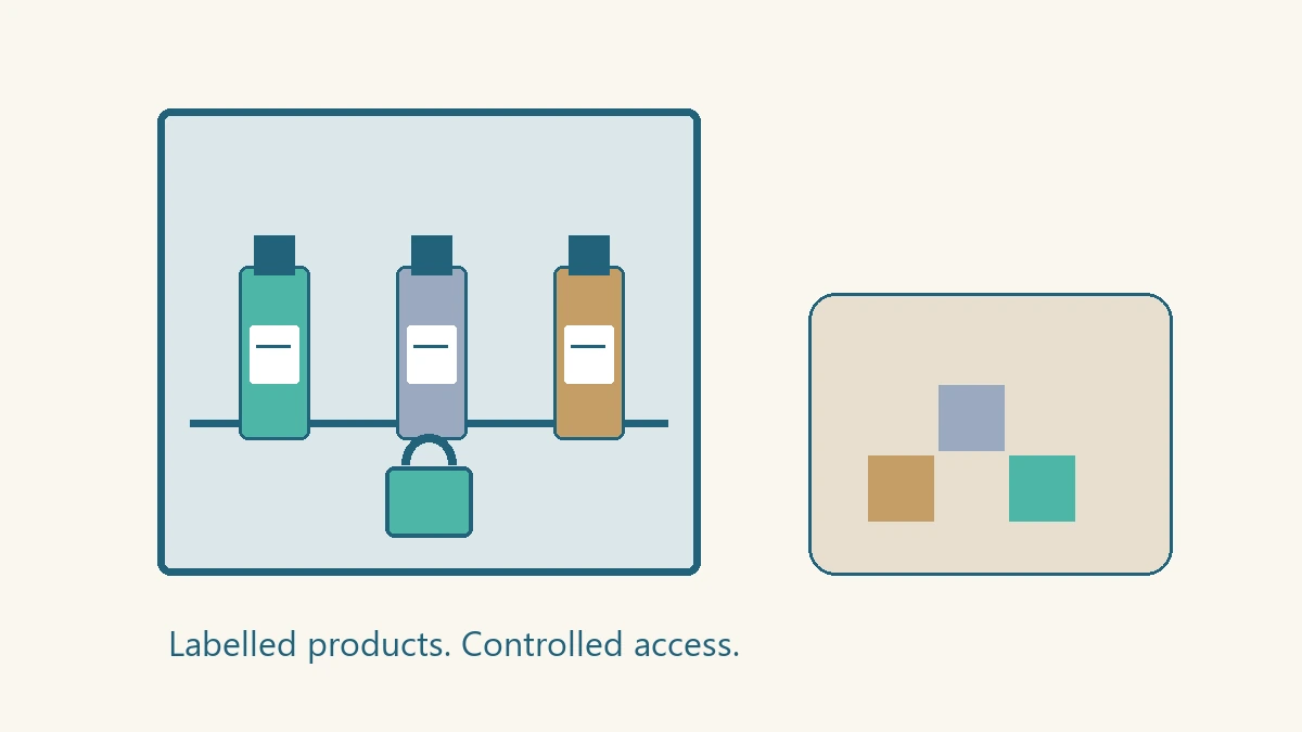 Illustration of labelled cleaning containers in a locked cupboard, with a separate clean play area for children and pets