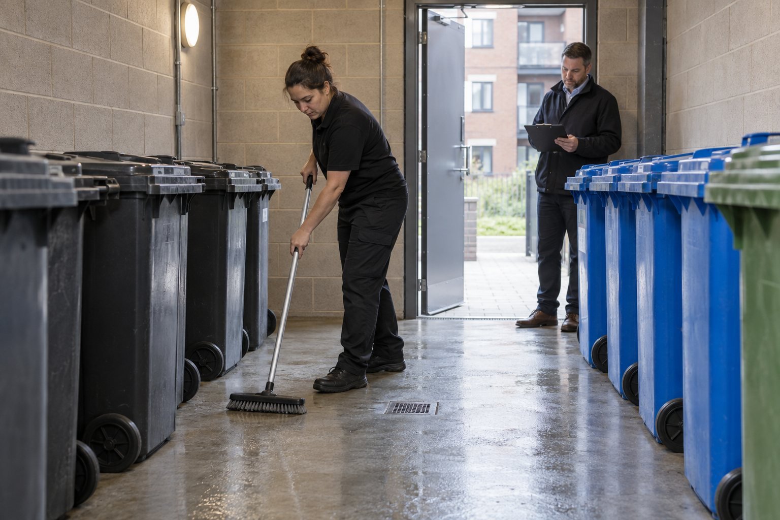 Communal bin store cleaning in a Manchester apartment building Cleaner brushing the floor of an apartment bin store while a building manager checks the work