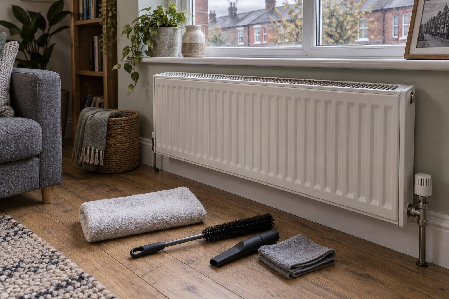 Cool white radiator beside a radiator brush, vacuum crevice tool and towel in a Manchester home