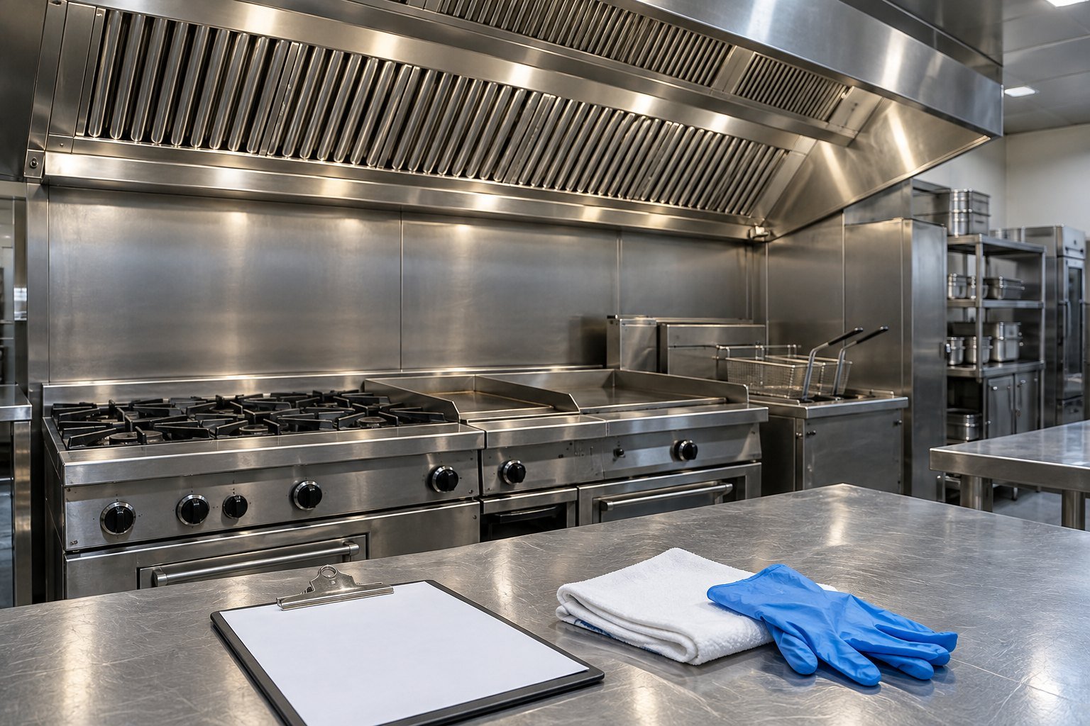 Commercial kitchen extraction canopy in Manchester Clean stainless steel commercial kitchen canopy above a cooking line with a blank inspection clipboard