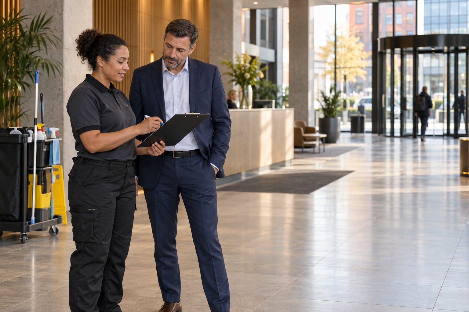 Office cleaning handover in a Manchester shared building Cleaning supervisor and building manager reviewing an office cleaning handover in a Manchester lobby