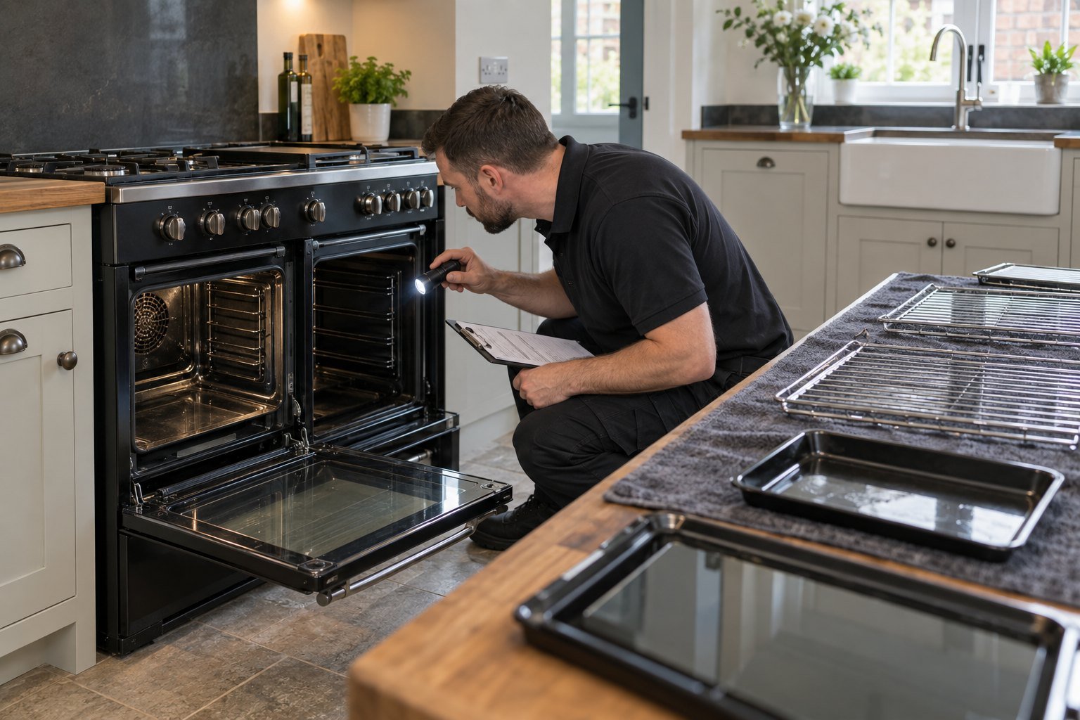 Oven cleaner inspecting the cavities and removable racks of a range cooker