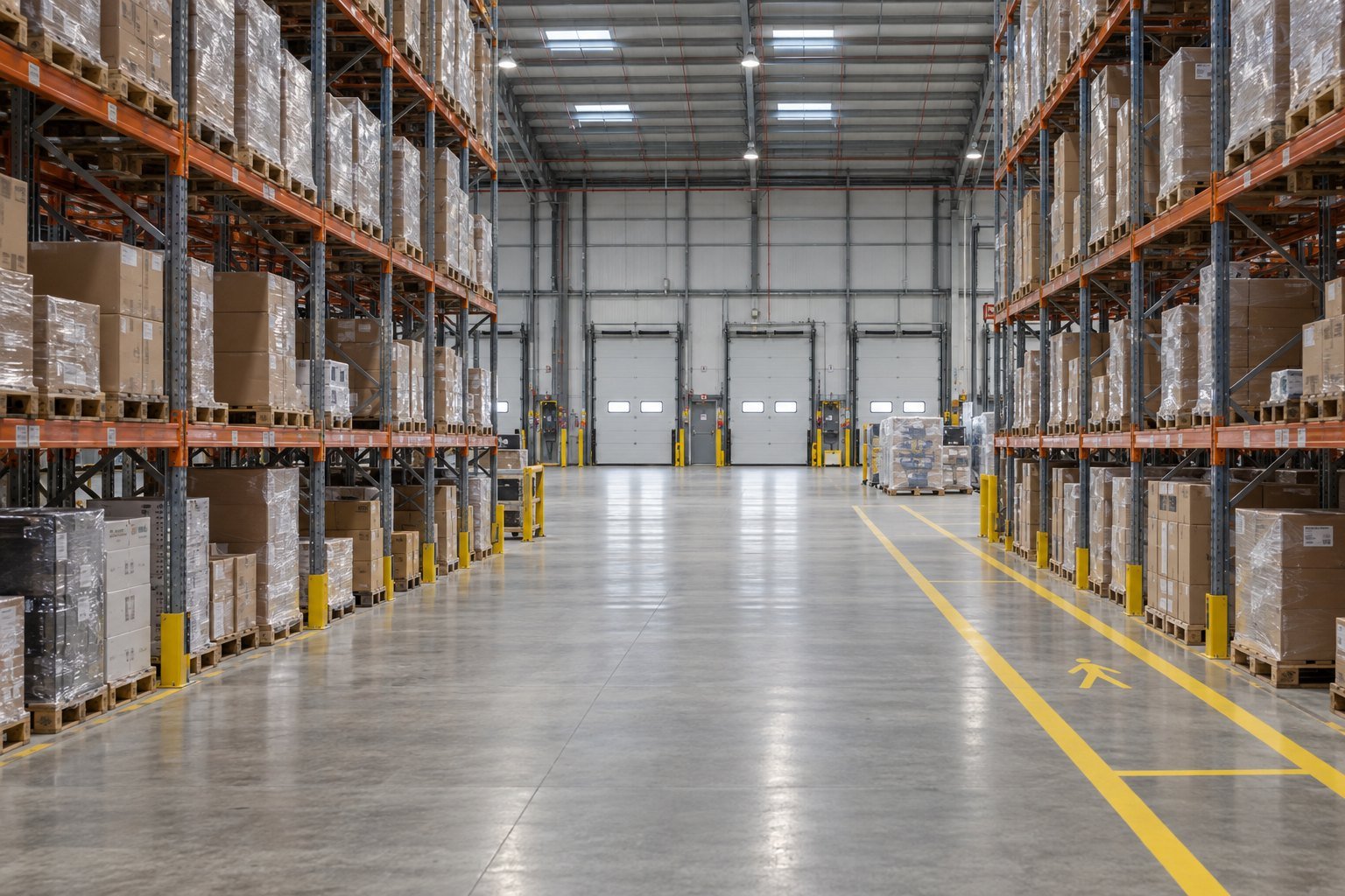 Clean warehouse aisle with pallet racking and visible yellow pedestrian route markings