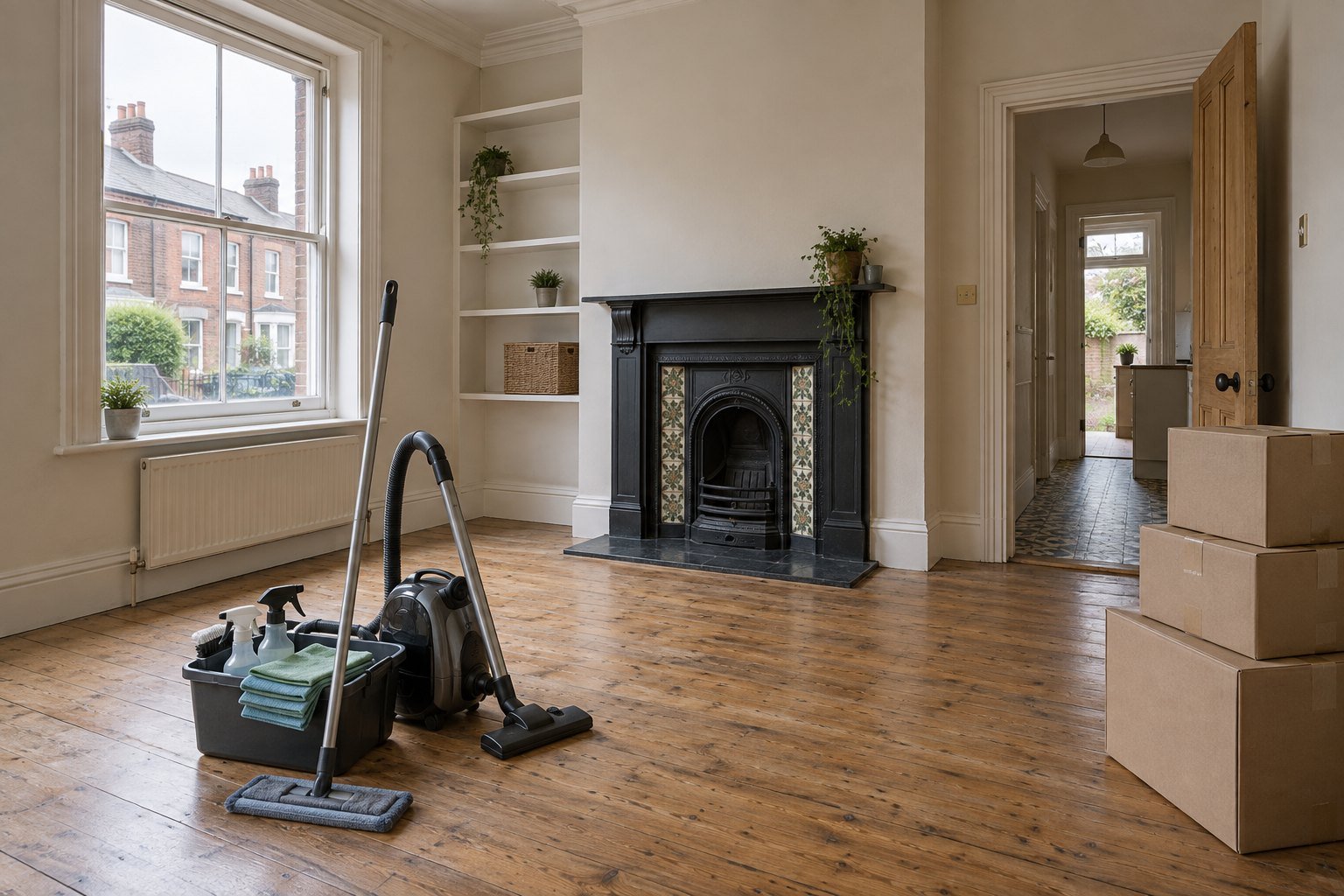 Move in cleaning before furniture arrives in a Manchester home Move-in cleaning equipment in an unfurnished Manchester living room before furniture arrives