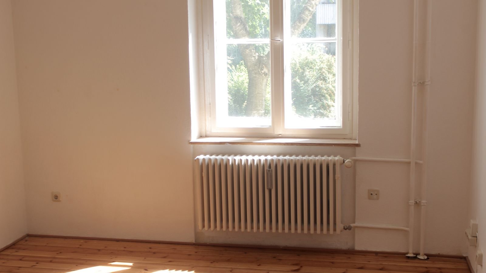 Empty flat room with bare wooden floorboards, a white radiator and a sunlit window